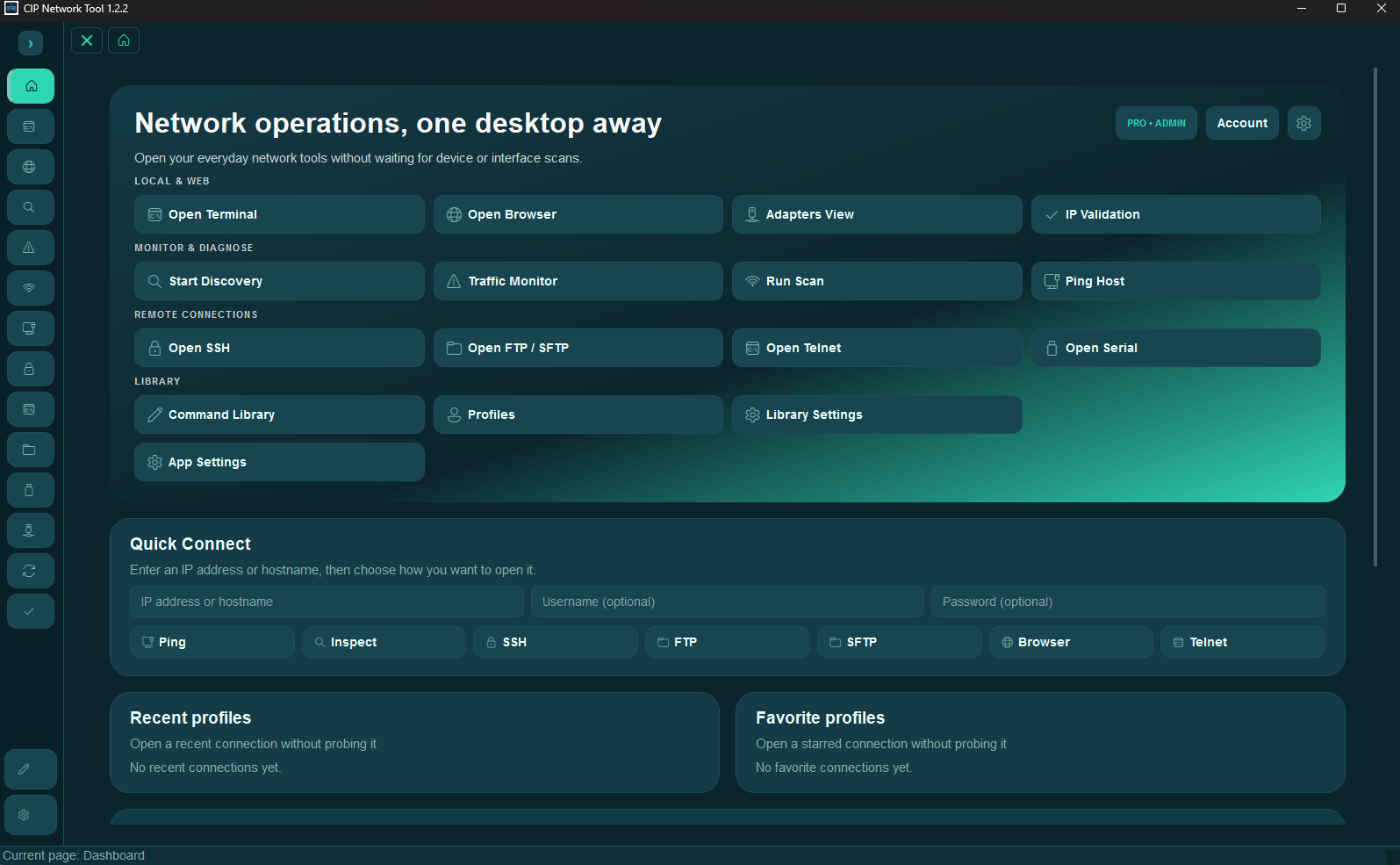 CIP Network Tool dashboard showing network operations and quick-connect controls