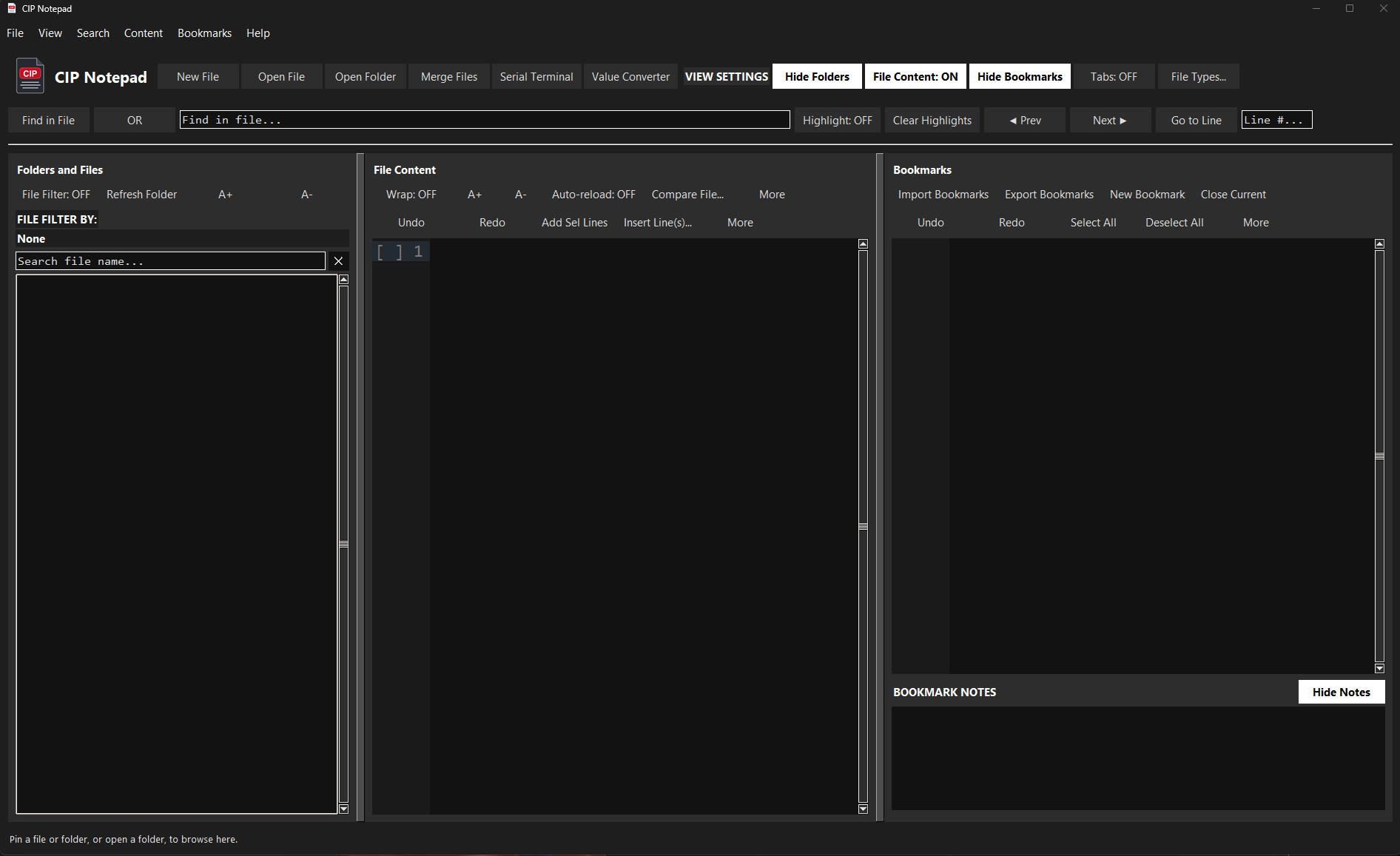 CIP Notepad dark workspace with file browser, editor and bookmarks panels
